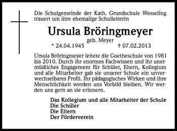 Anzeige von Ursula Bröringmeyer von Kölner Stadt-Anzeiger / Kölnische Rundschau / Express