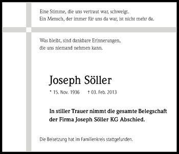 Anzeige von Joseph Söller von Kölner Stadt-Anzeiger / Kölnische Rundschau / Express