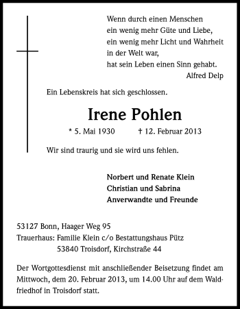 Anzeige von Irene Pohlen von Kölner Stadt-Anzeiger / Kölnische Rundschau / Express