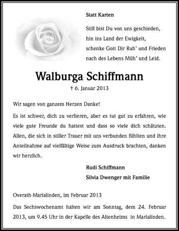 Anzeige von Walburga Schiffmann von Kölner Stadt-Anzeiger / Kölnische Rundschau / Express