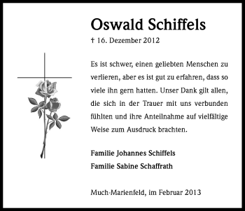Anzeige von Oswald Schiffels von Kölner Stadt-Anzeiger / Kölnische Rundschau / Express