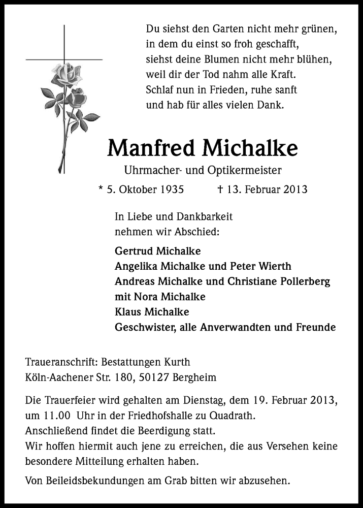  Traueranzeige für Manfred Michalke vom 15.02.2013 aus Kölner Stadt-Anzeiger / Kölnische Rundschau / Express