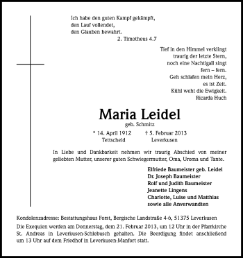 Anzeige von Maria Leidel von Kölner Stadt-Anzeiger / Kölnische Rundschau / Express