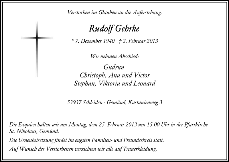  Traueranzeige für Rudolf Gehrke vom 16.02.2013 aus Kölner Stadt-Anzeiger / Kölnische Rundschau / Express