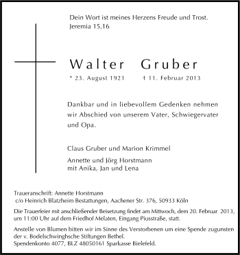 Anzeige von Walter Gruber von Kölner Stadt-Anzeiger / Kölnische Rundschau / Express