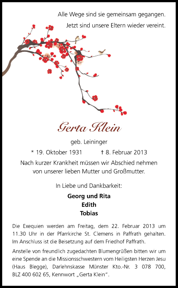  Traueranzeige für Gerta Klein vom 16.02.2013 aus Kölner Stadt-Anzeiger / Kölnische Rundschau / Express