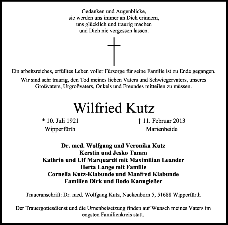  Traueranzeige für Wilfried Kutz vom 16.02.2013 aus Kölner Stadt-Anzeiger / Kölnische Rundschau / Express