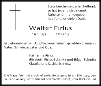 Anzeige von Walter Firlus von Kölner Stadt-Anzeiger / Kölnische Rundschau / Express