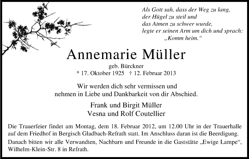  Traueranzeige für Annemarie Müller vom 15.02.2013 aus Kölner Stadt-Anzeiger / Kölnische Rundschau / Express