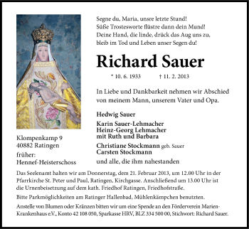 Anzeige von Richard Sauer von Kölner Stadt-Anzeiger / Kölnische Rundschau / Express
