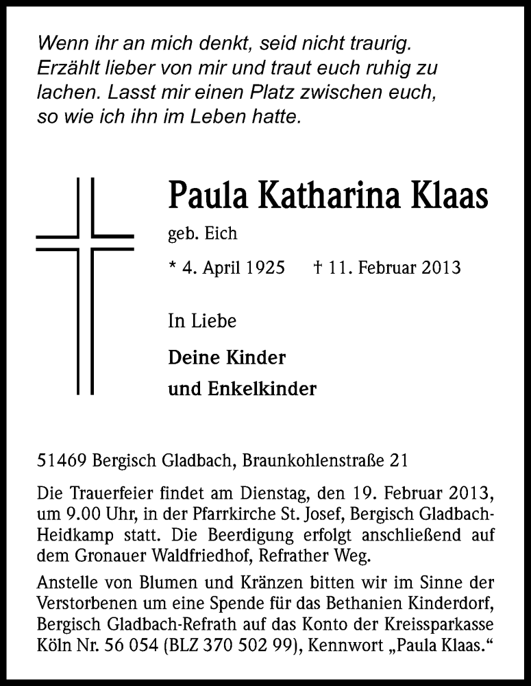  Traueranzeige für Paula Katharina Klaas vom 15.02.2013 aus Kölner Stadt-Anzeiger / Kölnische Rundschau / Express