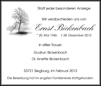 Anzeige von Ernst Bickenbach von Kölner Stadt-Anzeiger / Kölnische Rundschau / Express