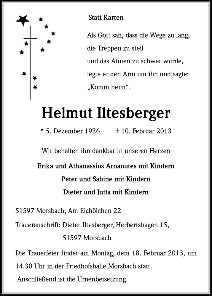  Traueranzeige für Helmut Iltesberger vom 14.02.2013 aus Kölner Stadt-Anzeiger / Kölnische Rundschau / Express