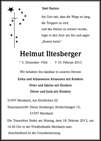 Anzeige von Helmut Iltesberger von Kölner Stadt-Anzeiger / Kölnische Rundschau / Express