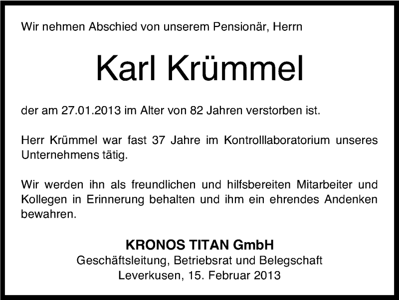  Traueranzeige für Karl Krümmel vom 15.02.2013 aus Kölner Stadt-Anzeiger / Kölnische Rundschau / Express