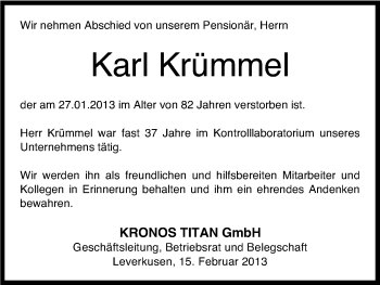 Anzeige von Karl Krümmel von Kölner Stadt-Anzeiger / Kölnische Rundschau / Express