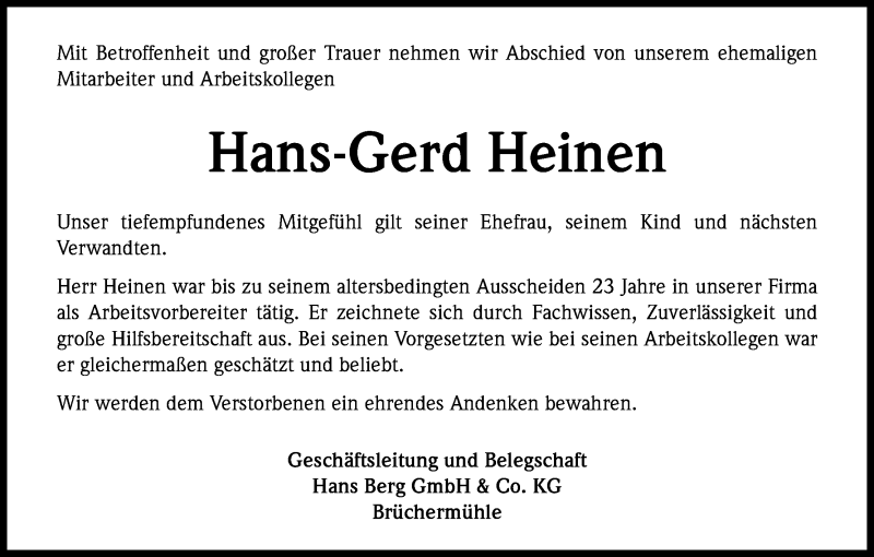  Traueranzeige für Hans-Gerd Heinen vom 16.02.2013 aus Kölner Stadt-Anzeiger / Kölnische Rundschau / Express