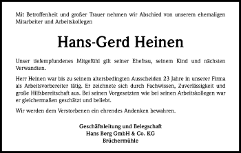 Anzeige von Hans-Gerd Heinen von Kölner Stadt-Anzeiger / Kölnische Rundschau / Express