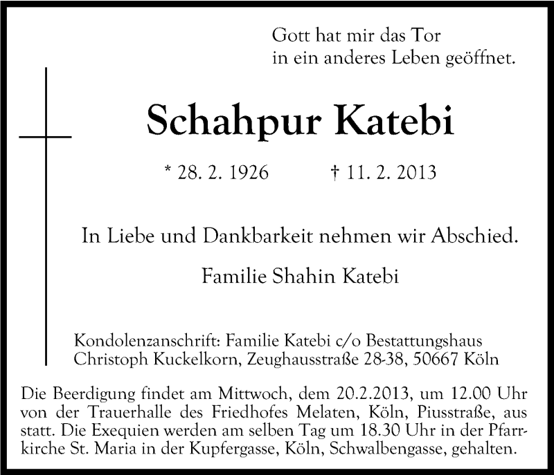  Traueranzeige für Schahpur Katebi vom 15.02.2013 aus Kölner Stadt-Anzeiger / Kölnische Rundschau / Express