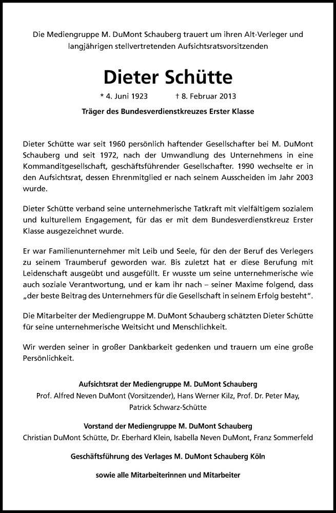  Traueranzeige für Dieter Schütte vom 16.02.2013 aus Kölner Stadt-Anzeiger / Kölnische Rundschau / Express