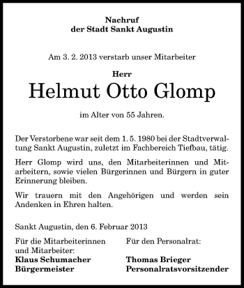 Anzeige von Helmut Otto Glomp von Kölner Stadt-Anzeiger / Kölnische Rundschau / Express