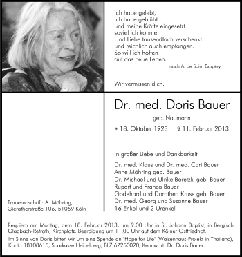 Anzeige von Doris Bauer von Kölner Stadt-Anzeiger / Kölnische Rundschau / Express