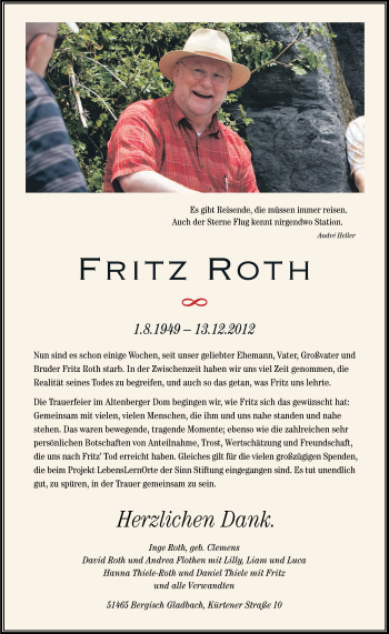 Anzeige von Fritz Roth von Kölner Stadt-Anzeiger / Kölnische Rundschau / Express