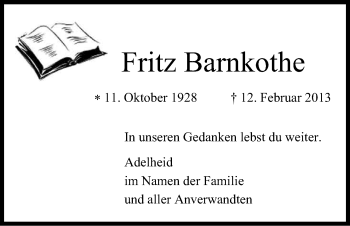 Anzeige von Fritz Barnkothe von Kölner Stadt-Anzeiger / Kölnische Rundschau / Express