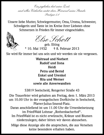 Anzeige von Else Schott von Kölner Stadt-Anzeiger / Kölnische Rundschau / Express