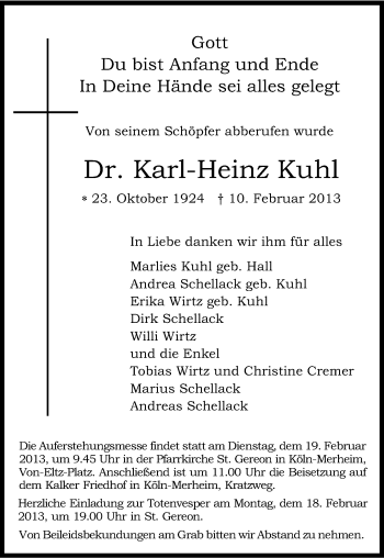 Anzeige von Karl-Heinz Kuhl von Kölner Stadt-Anzeiger / Kölnische Rundschau / Express