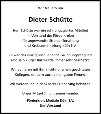 Anzeige von Dieter Schütte von Kölner Stadt-Anzeiger / Kölnische Rundschau / Express