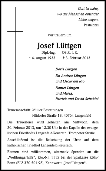 Anzeige von Josef Lüttgen von Kölner Stadt-Anzeiger / Kölnische Rundschau / Express