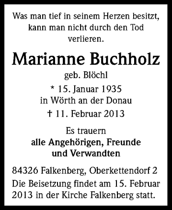 Anzeige von Marianne Buchholz von Kölner Stadt-Anzeiger / Kölnische Rundschau / Express