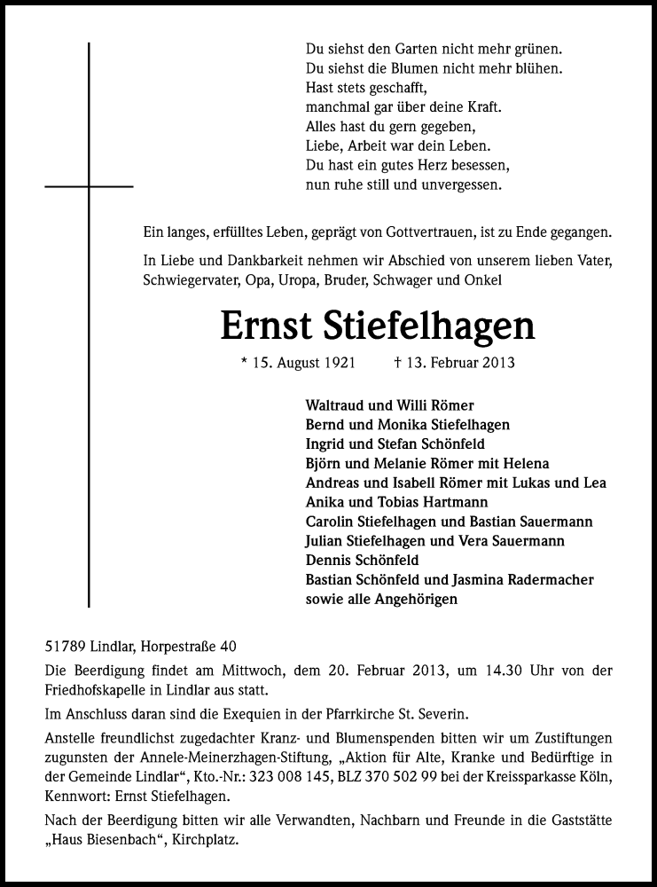  Traueranzeige für Ernst Stiefelhagen vom 15.02.2013 aus Kölner Stadt-Anzeiger / Kölnische Rundschau / Express