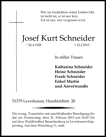 Anzeige von Josef Kurt Schneider von Kölner Stadt-Anzeiger / Kölnische Rundschau / Express