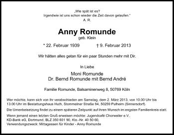 Anzeige von Anna Romunde von Kölner Stadt-Anzeiger / Kölnische Rundschau / Express