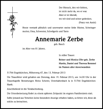 Anzeige von Annemarie Zerbe von Kölner Stadt-Anzeiger / Kölnische Rundschau / Express