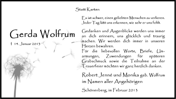 Anzeige von Gerda Wolfrum von Kölner Stadt-Anzeiger / Kölnische Rundschau / Express