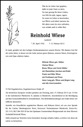 Anzeige von Reinhold Wiese von Kölner Stadt-Anzeiger / Kölnische Rundschau / Express