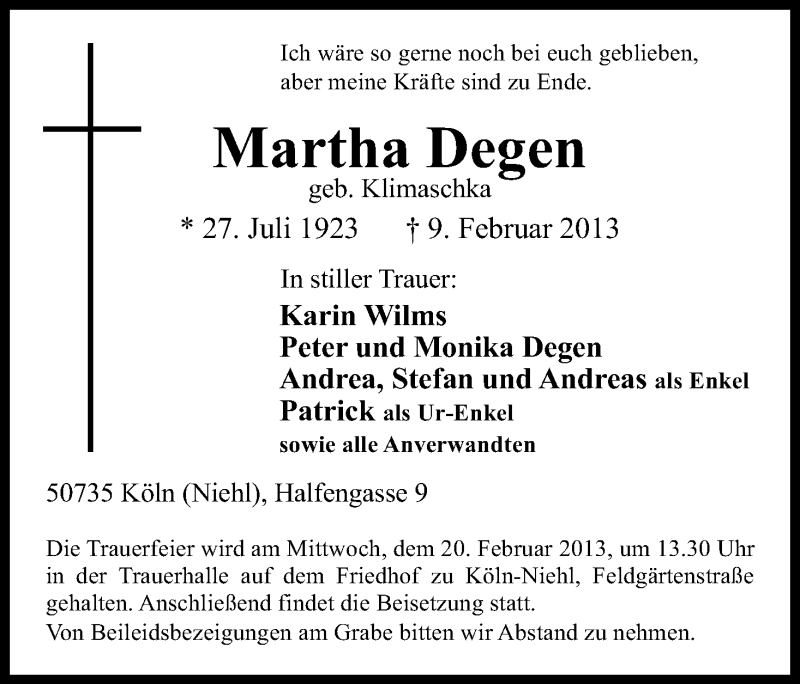  Traueranzeige für Martha Degen vom 16.02.2013 aus Kölner Stadt-Anzeiger / Kölnische Rundschau / Express