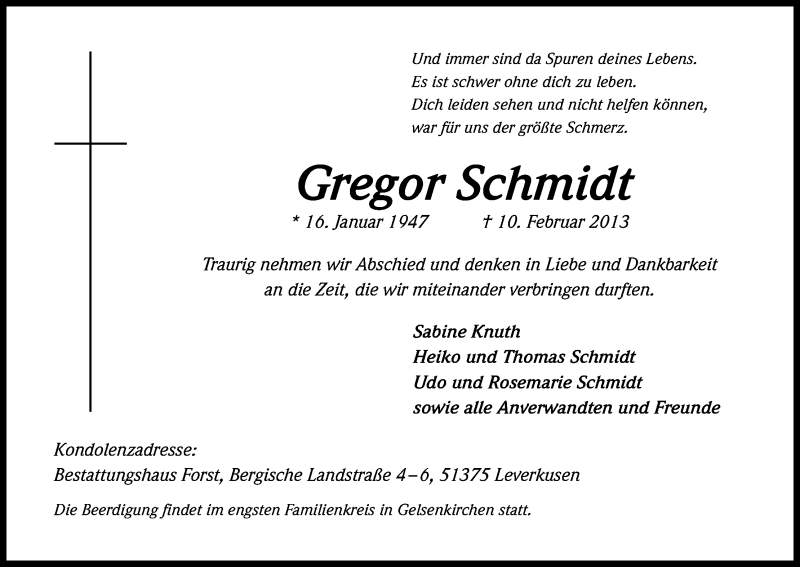 Traueranzeige für Gregor Schmidt vom 16.02.2013 aus Kölner Stadt-Anzeiger / Kölnische Rundschau / Express