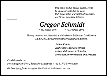 Anzeige von Gregor Schmidt von Kölner Stadt-Anzeiger / Kölnische Rundschau / Express