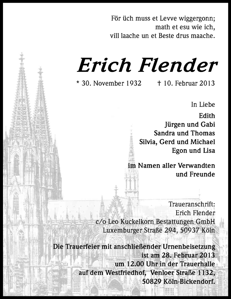  Traueranzeige für Erich Flender vom 23.02.2013 aus Kölner Stadt-Anzeiger / Kölnische Rundschau / Express