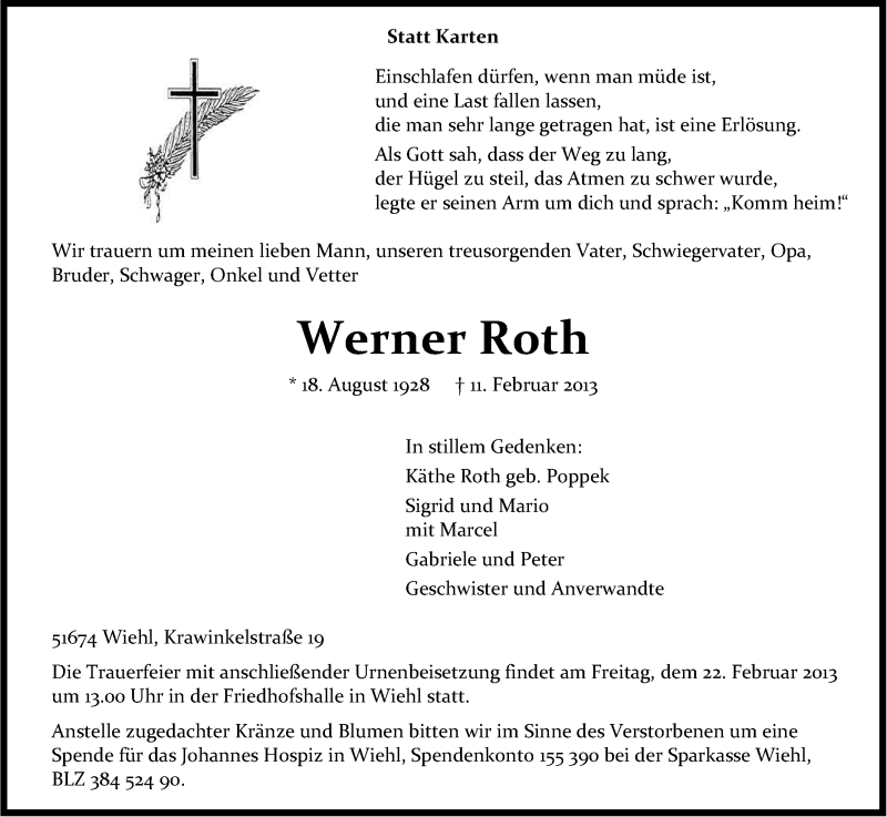  Traueranzeige für Werner Roth vom 15.02.2013 aus Kölner Stadt-Anzeiger / Kölnische Rundschau / Express