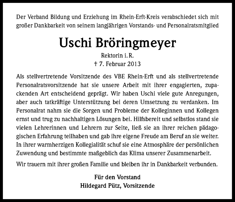  Traueranzeige für Uschi Bröringmeyer vom 16.02.2013 aus Kölner Stadt-Anzeiger / Kölnische Rundschau / Express