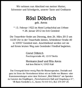 Anzeige von Rösl Döbrich von Kölner Stadt-Anzeiger / Kölnische Rundschau / Express