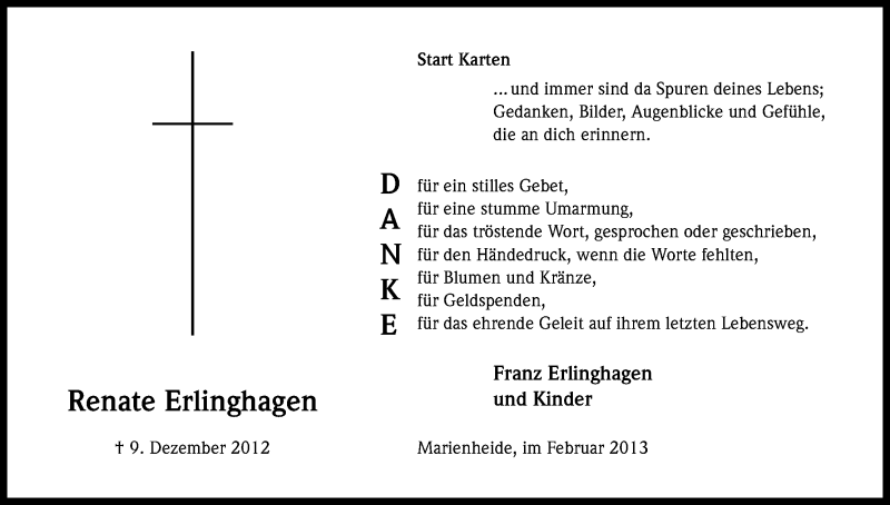  Traueranzeige für Renate Erlinghagen vom 16.02.2013 aus Kölner Stadt-Anzeiger / Kölnische Rundschau / Express