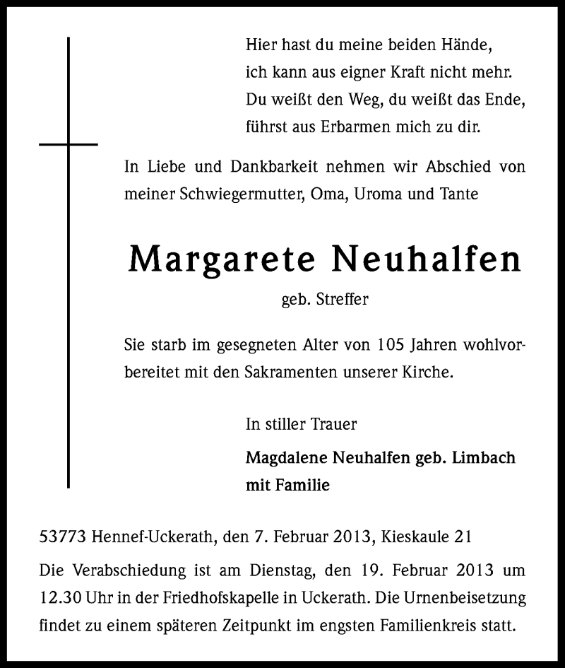  Traueranzeige für Margarete Neuhalfen vom 15.02.2013 aus Kölner Stadt-Anzeiger / Kölnische Rundschau / Express