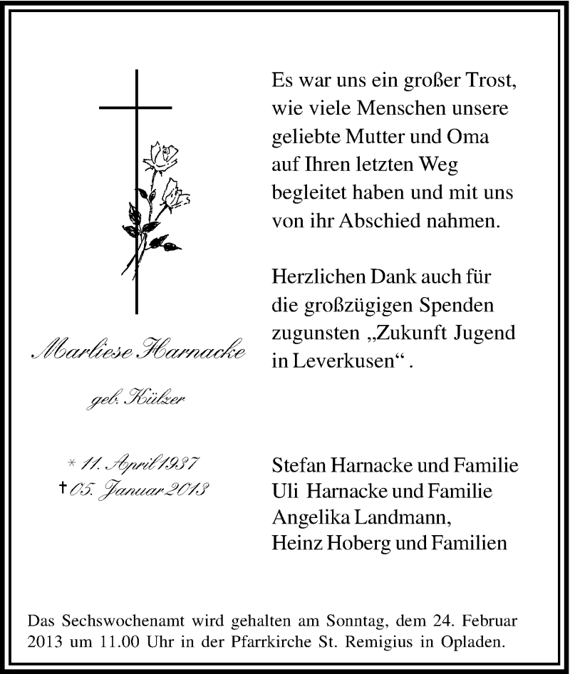  Traueranzeige für Marliese Harnacke vom 16.02.2013 aus Kölner Stadt-Anzeiger / Kölnische Rundschau / Express