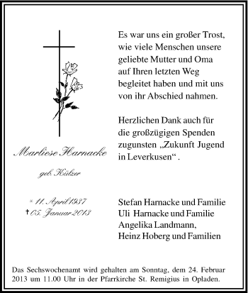 Anzeige von Marliese Harnacke von Kölner Stadt-Anzeiger / Kölnische Rundschau / Express